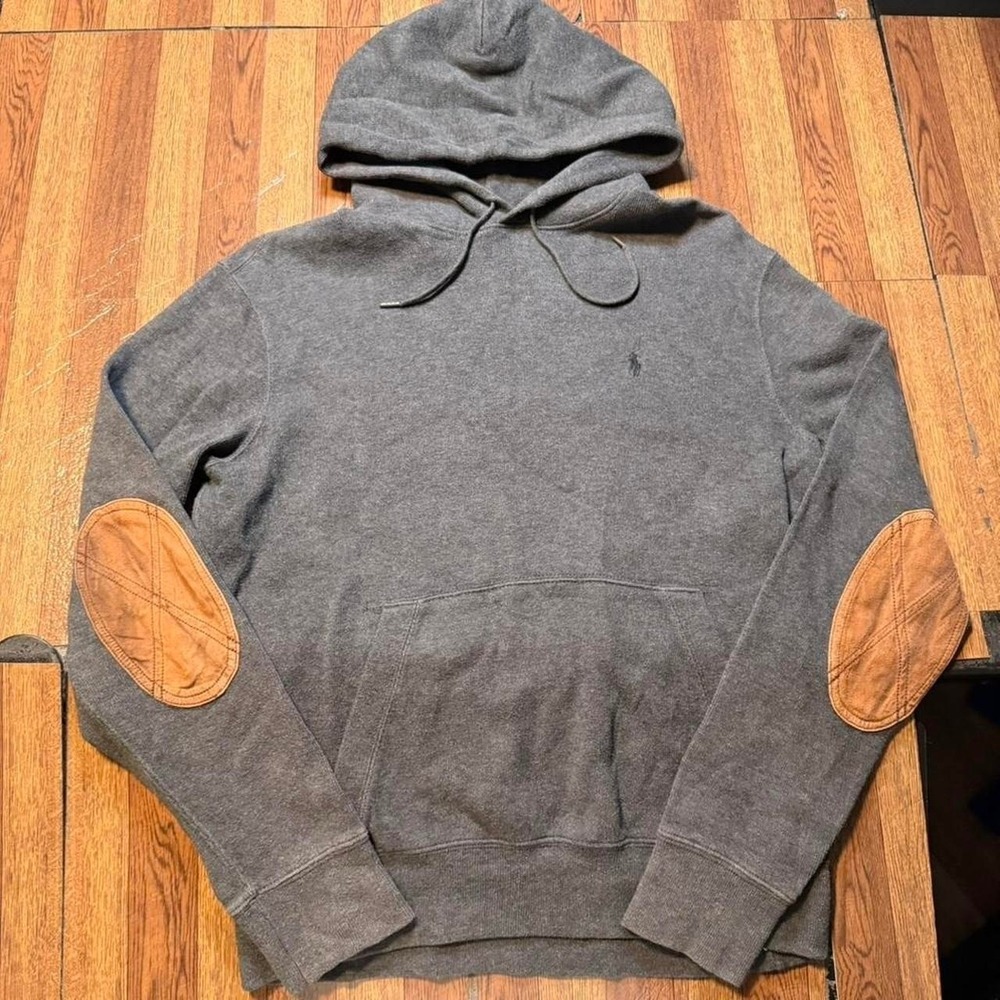 Polo Ralph Lauren Grey Vtg 90's Elbow Patch Fleece Hoodie Medium